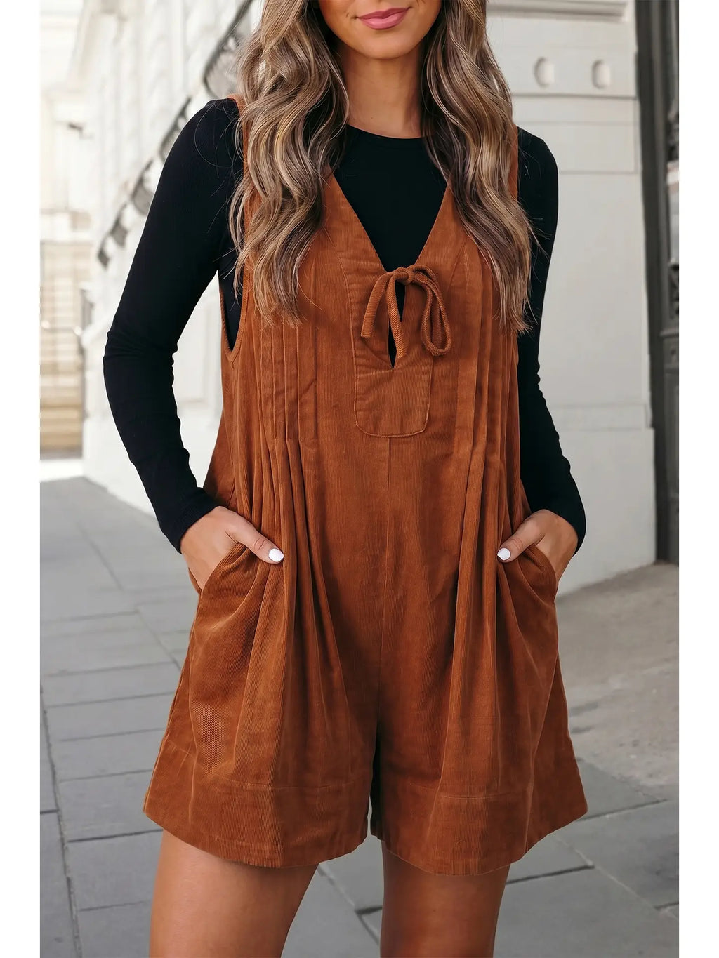 Pleated Pockets Sleeveless Romper