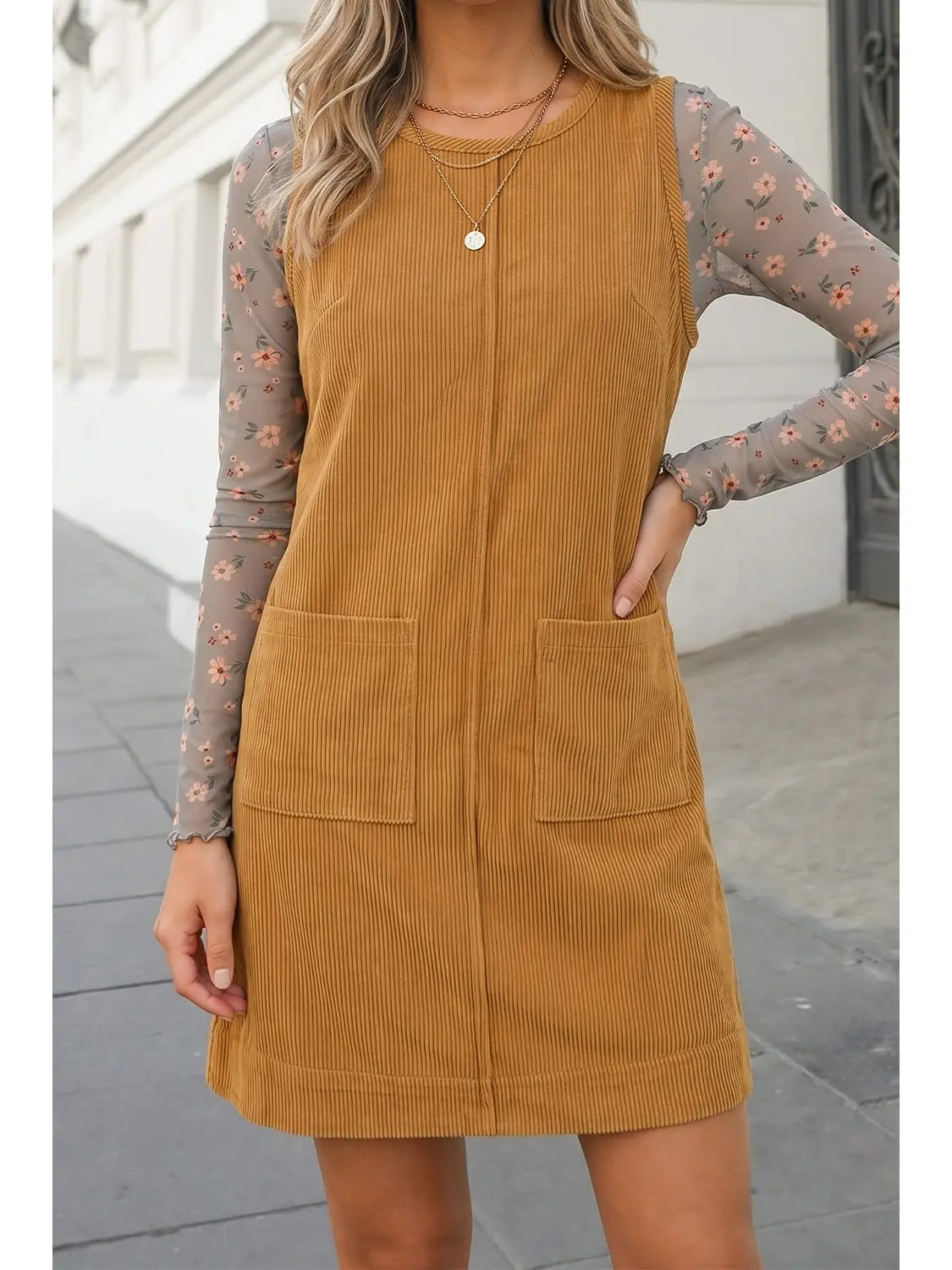 Corduroy Sleeveless Patch Pocket Mini Dress