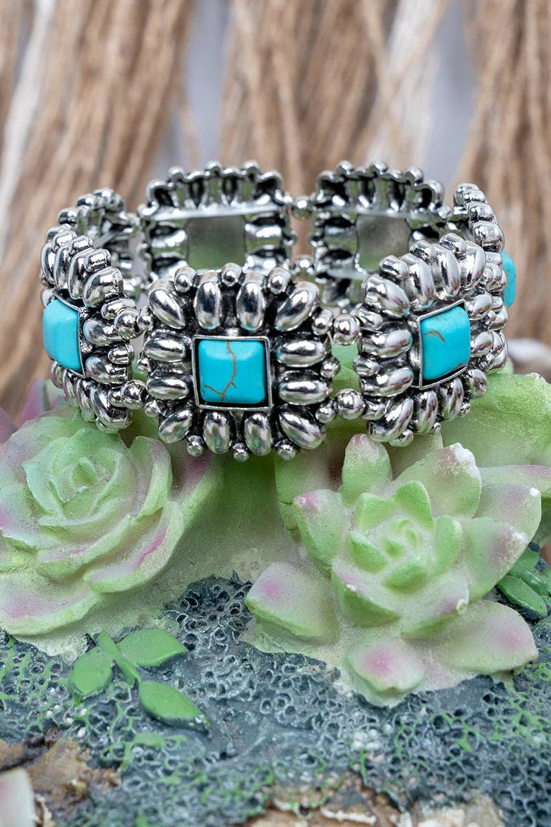 Turquoise Hereford Rose Silvertone Stretch Bracelet